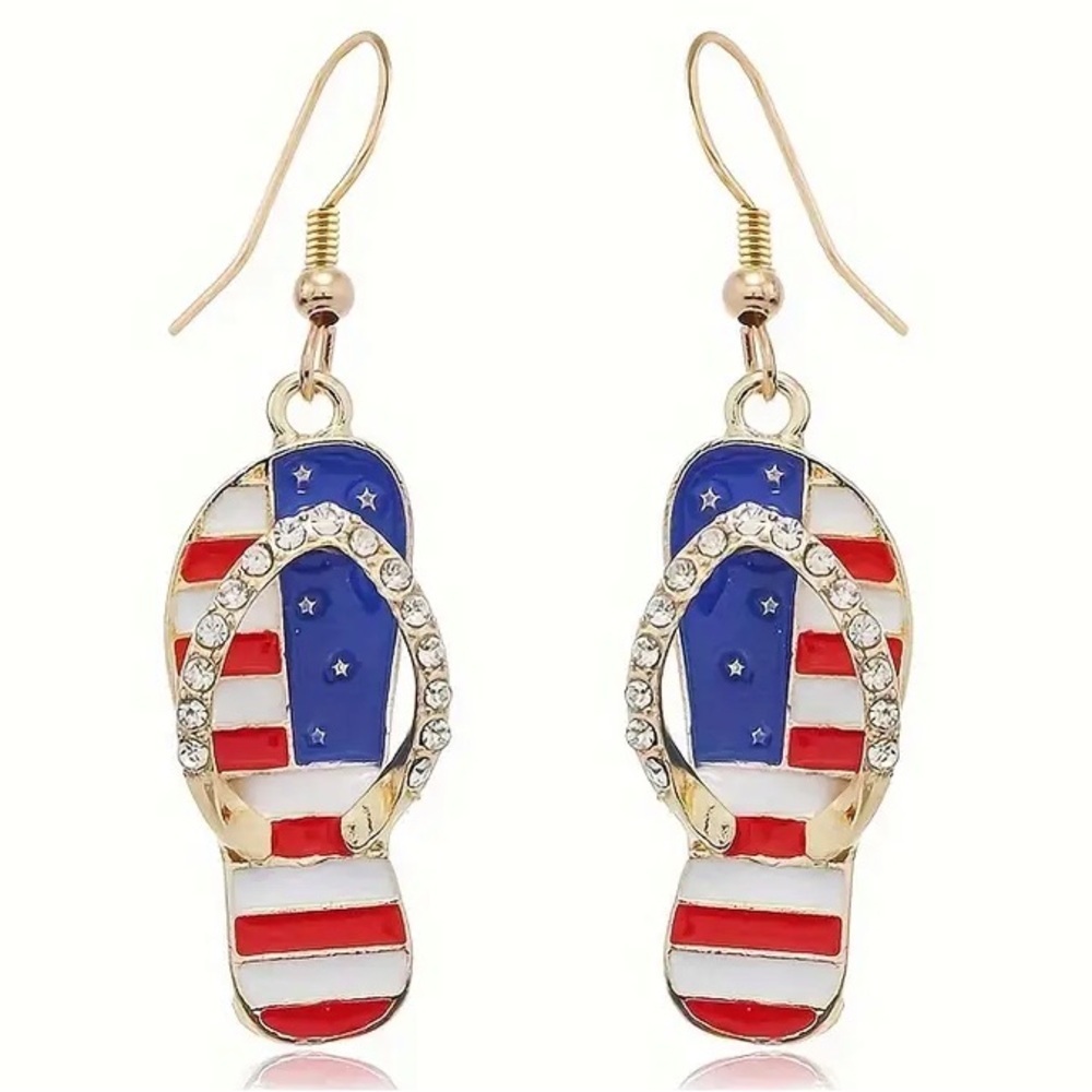 Rhinestones Patriotic Flip-Flop Earrings - Stars & Stripes - gold or silver - Picture 4 of 6